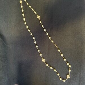 Gold Tone‎ Faux Pearl Necklace with Clover Crystal Accents